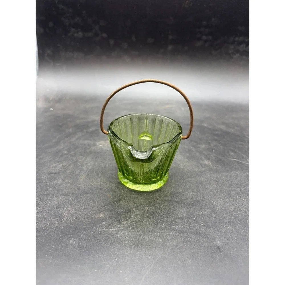 Vintage Green Glass Coal Scuttle Bucket Miniature Toothpick Holder Ribbed Design
